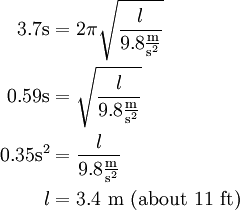 
\begin{align}
3.7\mathrm{s} & = 2\pi \sqrt{\frac{l}{9.8 \mathrm{\frac{m}{s^2}}}} \\
0.59\mathrm{s} & = \sqrt{\frac{l}{9.8 \mathrm{\frac{m}{s^2}}}} \\
0.35\mathrm{s^2} & = \frac{l}{9.8 \mathrm{\frac{m}{s^2}}} \\
l & = 3.4\ \mathrm{m\ (about\ 11\ ft)}
\end{align}
