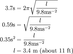 
\begin{align}
3.7\mathrm{s} & = 2\pi \sqrt{\frac{l}{9.8 \mathrm{ms^{-2}}}} \\
0.59\mathrm{s} & = \sqrt{\frac{l}{9.8 \mathrm{ms^{-2}}}} \\
0.35\mathrm{s^2} & = \frac{l}{9.8 \mathrm{ms^{-2}}} \\
l & = 3.4\ \mathrm{m\ (about\ 11\ ft)}
\end{align}
