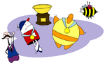 Homestar and Pom Pom are each wearing medals and are holding a trophy between them, while The Grape Fairie is flying in the background.