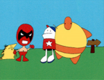 Strong Bad and The Cheat stand next to Homestar and Pom Pom in the field.